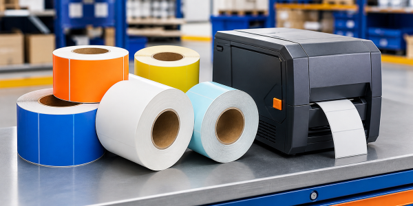 3 inch core direct thermal label rolls in multiple colors with an industrial printer