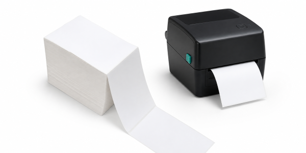 fanfold direct thermal labels feeding into a label printer