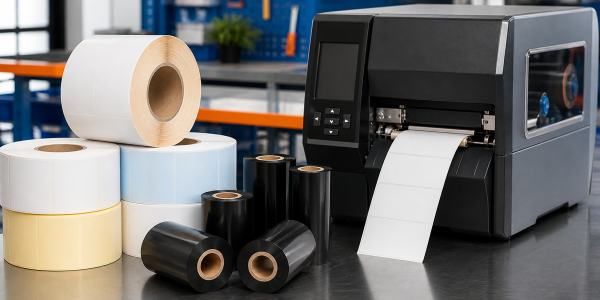 3 inch core thermal transfer label rolls with ribbon rolls and an industrial printer