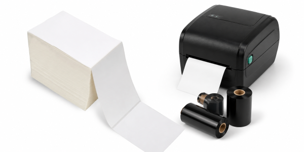 fanfold thermal transfer labels with ribbon rolls and an industrial printer