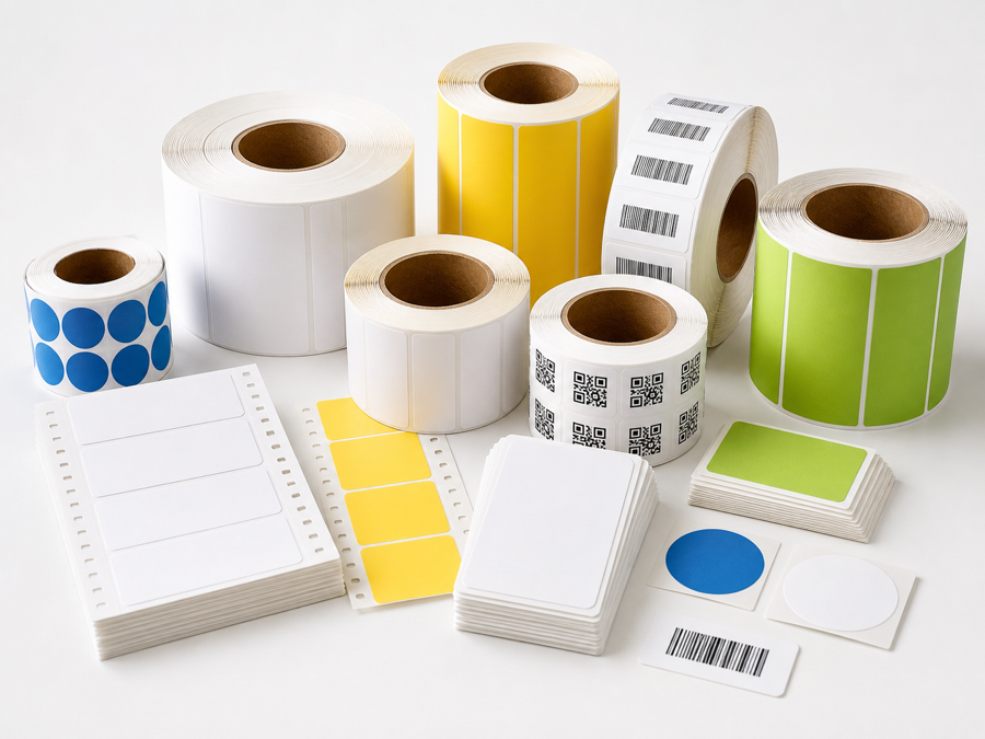 Assorted custom label rolls, fanfold labels, blank labels, colored labels, and printed barcode labels